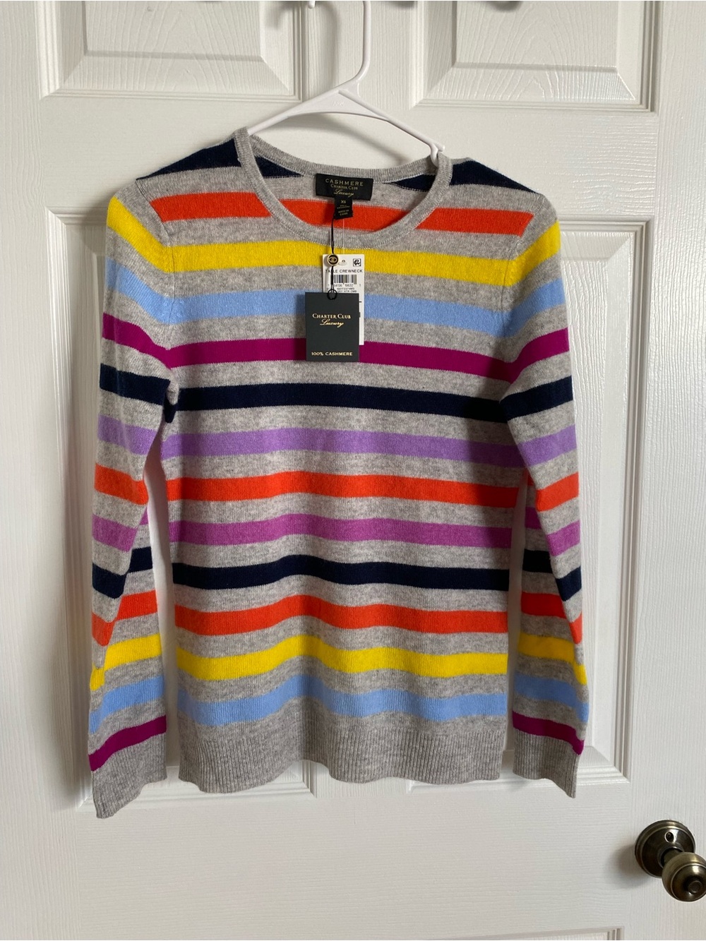 NWT Charter Club 100% Cashmere Gray Crewneck Sweater with Multicolor Stripes